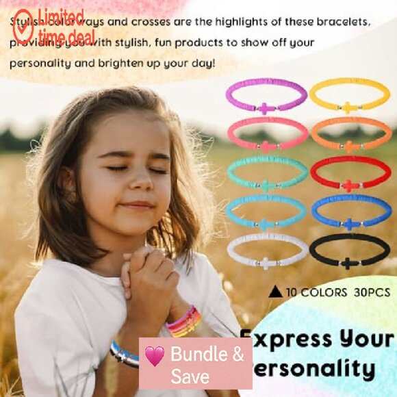 30-Pack Cross Bracelets, Polymer Clay Beads, Elastic Fit, Religious Wristbands - Picture 6 of 8